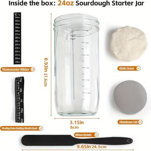 1/2개 발효기 24Oz, 보조 라벨이 있는 유리병, 발효기 키트 세트, 스푼이 있는 온도계, 빵 베이킹 용품을 위한 재봉 천 뚜껑 및 알루미늄 뚜껑, 주스 발효 유리병