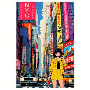 1pc 레트로 애니메 걸 NYC 벽 예술 - 프레임리스 12x18 인치 캔버스 포스터, 생동감 있는 80년대 빈티지 여행 만화, 거실, 침실, 주방, 사무실, 카페, 실내 벽 장식 | 생동감 있는 벽 예술 | 세부적인 삽화, 애니메 룸 장식
