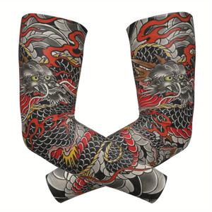 검은색 배경에 빨간색 포인트가 있는 용과 불꽃 구름 패턴의 전통 타투 디자인 3D 슬리브 커버 한 쌍