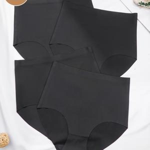 4pcs 여성용 하이웨이스트 팬티, 통기성&무봉제, 편안한 속옷 봄&여름 솔리드 컬러 노쇼 팬티