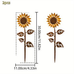 2D 플랫 - 2개입 메탈 정원 말뚝, 2D 플랫 식물 꽃 철제 예술 장식, 안뜰, 테라스, 화분 식물, 울타리, 야외 잔디밭 장식, 할로윈, 독립 기념일 및 아버지의 날 정원 장식에 적합
