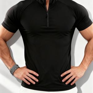 남성용 슬림핏 하프집티셔츠 - 스탠드칼라 디자인, 스포티 지퍼 캐주얼 셔츠, 통기성 좋은 반팔, 헬스장 및 캐주얼 웨어에 적합, 솔리드 블랙/화이트 - 슬림핏 커트