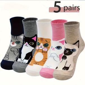 여성용 초 귀여운 만화 고양이 양말 5켤레