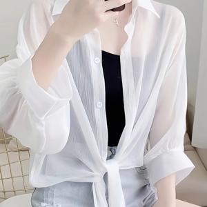 여성 시스루 셔츠 블라우스 시폰 가디건 루즈핏 체형커버 자외선차단 살타방지 에어컨대비 바캉스룩 비치웨어 커버업 벌룬소매 주름 화이트