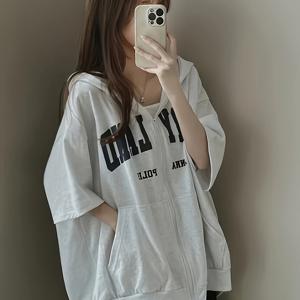 여성 반팔 후드 집업 루즈핏 오버핏 얇은 여름 가디건 레터링 체형커버 엉덩이덮는 빅사이즈 꾸안꾸 마실룩 등원룩 데일리 편안한 그레이