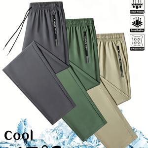 남성용 여름 데일리 캐주얼 스포츠 아이스 실키 섬유 원단 스트레치 캐주얼 조거 팬츠 3개, 신축성 있는 드로스트링 허리, 통기성 속건성 사이드 지퍼 레터 포켓, 달리기, 스포츠, 일상 외출용