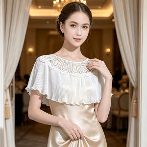 여성용 크로셰 오픈워크 메쉬 플리츠 망토 숄 1개, 레이스 원숄더 러플 쉬폰 민소매 시스루 숏 망토, 가볍고 통기성 좋은 숄더 커버업, 신부 들러리 가운 이브닝 드레스, 데일리 캐주얼 아우터웨어