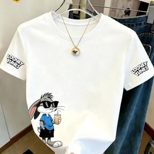 정품 Warner '레이이 통' 여성용 캐주얼 밀크티 버니 프린트 티셔츠 - 100% 라운드넥 반팔 셔츠, 캐주얼 사계절 원단, 신축성, 통기성, 성인용 다기능 디자인