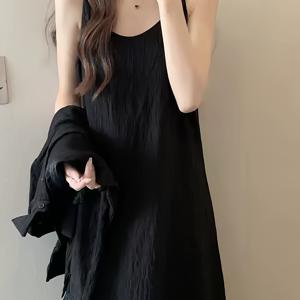 여성용 블랙 스파게티 멜빵 원피스, 여름 빈티지 흐르는 듯한 핏의 롱원피스, 단색, 활용도 높은 캐주얼웨어