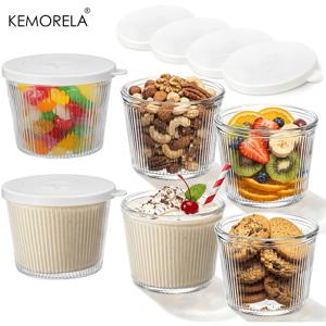 KEMORELA 1/6개입 작은 골지 유리 볼 뚜껑 포함 - 6.8Oz 투명 스택형 보관 용기 (디저트, 푸딩, 소스 & 샐러드용) - 견과류, 오트meal, 사탕 & 시리얼을 위한 다용도 음식 준비 세트