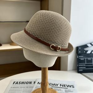 우아한 여성용 벨트 장식 밀짚모자 - 통기성 있는 속이 빈 태양 모자, 여름을 위한 패셔너블한 액세서리 | 스타일리시한 야외 여행 휴가 어부 모자, 구조가 있는 | 활용도 높은 캐주얼 의류 액세서리, 비치햇