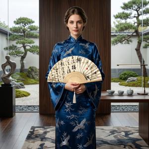 수제 대나무 부채 접이식 아시아 서예 및 대나무 수묵화 포함 - 15 x 8.3인치 /동아시아 스타일, 선(禪) 홈 데코, 결혼식 답례품, 사진 소품용 - 장식용, 대나무