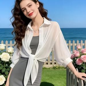 여성용 화이트 블라우스, 비대칭 밑단, 반소매 칼라 경량 가디건, 패셔너블하고 우아한 정장용 숄 재킷, 앞면 단추식 캐주얼 해변 휴가 연휴 선물용, 기계 세탁 가능, 100% 폴리에스터 섬유, 업무 및 일상용, 활용도 높은 스타일, 우아한 패션