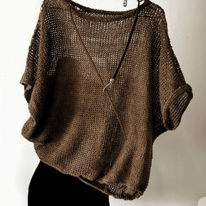 여성 여름 브라운 홀아웃 커버업 탑, 크루넥 배트윙 반팔 루즈핏 메쉬 튜닉, 탄성 밑단, 가볍고 통기성 좋은 니트웨어, 해변 바캉스 데일리 캐주얼 스트리트 레이어링 의상