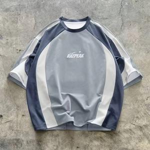 스트리트 컬러 블록 패치워크 라운드넥 티셔츠 남성 레트로 AXPEAK 레터 프린트 루즈핏 게으른 스타일 스포츠 캐주얼 탑
