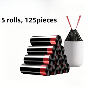 5롤 125개입 두꺼운 검정 빨간색 실 누출 방지 드로스트링 쓰레기 봉투, 최대 용량 15L 드로스트링 밀봉 디자인, 욕실, 야외, 주방, 식당, 호텔 및 기타 장소에 적합, 더욱 깨끗하고 효율적, 사계절용