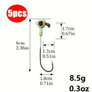 5개입 야광 3D 눈 낚시 바늘, 야광 이중 바늘 납 헤드 지그, 스테인리스 스틸 부식 방지 및 내구성 컬러 납 헤드 바늘, 다양한 물고기 종에 적합, 야외 야간 낚시에 필수적인 낚시 추가 장비