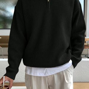 남성 패션 V넥 지퍼 디자인 솔리드 컬러 스웨터 드롭 숄더 니트웨어 가을 겨울 캐주얼 루즈 스웨터