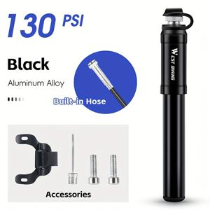 웨스트 바이킹 130PSI 미니 자전거 펌프, 휴대용 수동 타이어 공기 주입기, 블랙 실버 알루미늄 합금 경량 내구성, 로드 & 마운틴 바이크 및 기타용 빠른 공기 충전 액세서리 (1개)