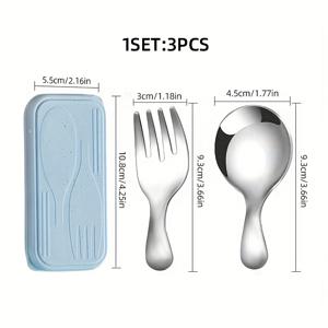 3피스 휴대용 커틀러리 세트, 스테인리스 스틸 숏핸들 라운드헤드 수프 스푼, 스푼과 포크, 박스형 스테인리스 스틸 포크와 스푼 포함, 숏핸들 라운드 스푼, 숏핸들 라운드헤드 스푼과 포크, 숏핸들 스푼, 스테인리스 스틸 소금 스푼, 다목적 포크 스푼, 양념, 커피, 디저트, , 케이크용 - 야외 사용, 파티, 주방 사용에 적합 - 주방 도구, 커틀러리 세트