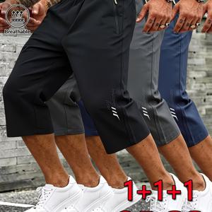 3개 남성 여름 운동 캐주얼 카프리 팬츠 트레이닝 피트니스 야외 러닝 통기성 편안한 얇은 패션 지퍼 포켓 드로스트링 허리 밴드