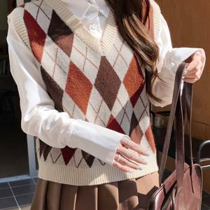 여성용 신상 가을 체크 무늬 V넥 스웨터 조끼