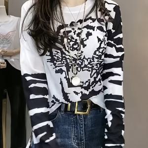 여성 가을 베이스 긴팔 풀오버 셔츠, 호랑이 대비 컬러 프린트 그래픽, 허리 스타일