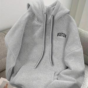 남성용 플리스 후드 스웨트셔츠, 왼쪽 가슴에 BOSTON 프린트, 간편하고 스타일리시한 캐주얼 아웃도어 긴팔 후드티 (포켓 포함), 따뜻한 가을/겨울 스웨트셔츠