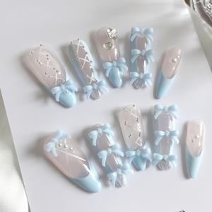 데이트와 파티용 블루 우아한 귀여운 리본 프렌치 스타일 탈부착 프레스온 네일 10개 세트, 젤리 글루와 네일 파일 포함