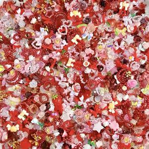 300개 랜덤 수지 꽃 리본 모음 네일 참, 레드 시리즈 네일 아트 액세서리, 귀여운 DIY 헤어 클립, 귀걸이, 휴대폰 케이스 장식
