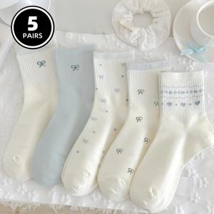 통기성 좋은 여성용 발목 양말 5켤레, 미니멀한 라이트 블루 리본과 작은 하트 프린트, 스니커즈와 로퍼를 위한 캐주얼