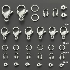 은빛 스테인리스 스틸 DIY 주얼리 걸쇠 세트 65개, 점프 링 40개, 랍스터 걸쇠 10개, U자형 걸쇠 10개, 스프링 걸쇠 5개 포함. DIY 체인 끝 액세서리 커넥터, 팔찌, 목걸이, 편자형 걸쇠, 스프링 걸쇠, 오픈형 점프 링, U자형 포지셔닝 튜브, 가방 고리, DIY 주얼리 제작 재료에 적합