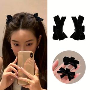 연예인 스타일 블랙 벨벳 리본 머리핀 4개 세트, 귀여운 앞머리 머리핀, 여성용 헤어 액세서리, 집게핀 헤어 액세서리