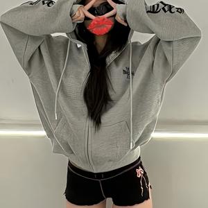 정말 멋지다!!! [레터 자수] 아메리칸 고딕 와플 후드티, 가을 겨울 신상 스타일 재킷, 패셔너블한 그레이 루즈핏 이지 여성 캐주얼 재킷