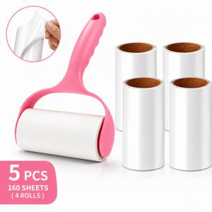 5개 세트: 손잡이 1개 + 고접착 교체용 롤러 브러시 4개, 총 160매, 손으로 찢는 벨벳 브러시 롤, 의류, 카펫, 자동차 시트에 적합, 내구성 있는 손잡이, 전원 불필요