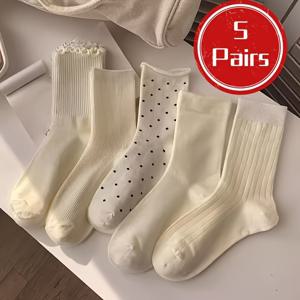 5켤레 밀키 화이트 단색 미드 튜브 양말 봄 여름 활용도 좋은 단색 퍼일 양말 긴 양말 물방울 무늬 모양 엣지 임산부 양말 여성용