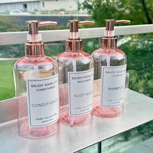 투명 핑크 라운드숄더 액체 디스펜서 병 3pcs 세트, 500ml/16oz 프레스형 샴푸, 샤워젤, 컨디셔너, 대용량 여행 및 홈 호텔용 플라스틱 빈병 세트, 물 및 로션 디스펜서