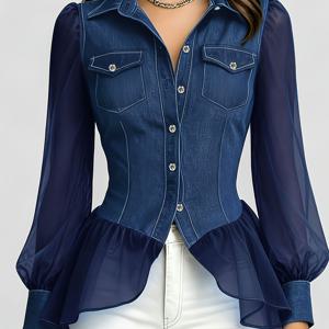 [프린트 팬츠 - 데님 원단 아님] 빈티지 블루 페이크 데님 스타일 메쉬 패치워크 블라우스, 허리 주름 컷 시어 롱 슬리브 러플 엘레강트 탑 Kydx
