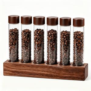 6팩 2oz 커피 원두 셀러 튜브, 싱글 도즈 커피 원두 보관, 월넛 원목 베이스, 커피 애호가를 위한 나무 스탠드 호퍼 포함 도징 바이알