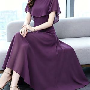 단색 라운드 넥 숄 스타일 시폰 드레스, 여성용 여름 미디 허리 슬림핏 우아한 롱 드레스, 우아하고 흐르는 듯한 플레어드 신부 들러리 드레스