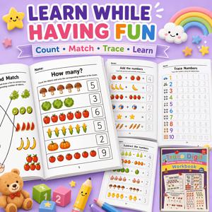 동물 테마 숫자 1-10이 있는 48페이지 수학 연습장 1개 | 숫자 인식, 숫자 세기 활동, 쓰기 훈련 및 기술 개발에 적합한 영어 초기 학습 워크북, 생일 선물