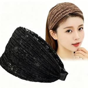 2개 여성용 와이드 레이스 헤어밴드, 클래식 블랙 & 커피색 톱니형 미끄럼 방지 헤어밴드, 넓은 가장자리 화이트 커버 헤어밴드, 여성 데일리룩에 적합