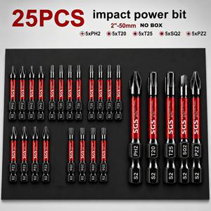 25개 50mm S2 스틸 자석 임팩 드라이버 비트 세트, PH2 PZ2 T20 T25 SQ2, 1/4인치 육각 생크 전동 드릴 드라이버 비트 (가구 조립 및 수리용)