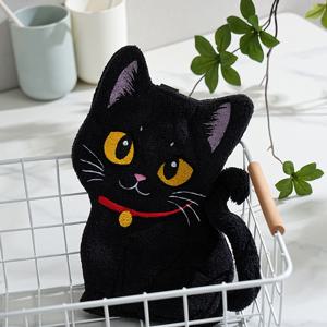 검은 아기 고양이 자수 손끝 타월, 산호 소재, 초고흡수성 및 속건성 핸드 타월, 욕실, 다이닝룸, 주방용 걸이형 손끝 타월
