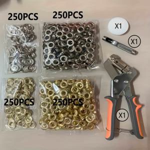 헤비 듀티 아일렛 공구 키트, 3/8인치 10mm (내경) 휴대용 아일렛 프레스 플라이어, 500개 은색 아일렛 (금색 및 은색), 각 250개, 아일렛 플라이어 키트 (하드 쉘 케이스 포함)