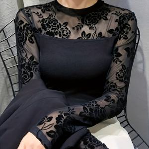 플러스 사이즈, 플러스 사이즈 메쉬 안감 여성용 롱슬리브 섹시 속옷 블라우스 2024 봄 가을 신상 플로킹 다용도 아우터웨어 티셔츠 탑