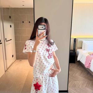 아메리칸 스타일 별 전체 프린트 반팔 라운드넥 크롭 티셔츠 와이드 레저 긴바지 여름 루즈핏 투피스 세트 여성용
