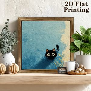 2D 플랫, 2D 플랫, 1개 레트로 2D 플랫 액자 그림, 수중 작은 검은 고양이 테마 창의적인 벽 장식, 거실, 침실, 서재, 사무실 가정 장식에 적합 - 천연 나무 프레임, 완벽한 집들이 및 휴일 선물