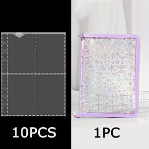 단색, 레이저 별 프린트, A5, 6홀, 간편한 투명 반짝이 PVC 지퍼 백 (루스리프 클립 포함), 사진 앨범 컬렉션 루스리프 바인더 카드 홀더