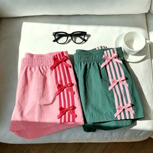 2팩 포켓 여성용 아메리칸 반바지, 여름 신상 리본 장식 2피스 세트, 사이드 하이웨이스트 캐주얼 와이드 레그 팬츠, 홈웨어 및 아웃도어 웨어